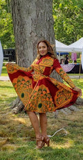 The Crimson Medallion Dress – red Ankara circle skirt with orange and green floral medallion print