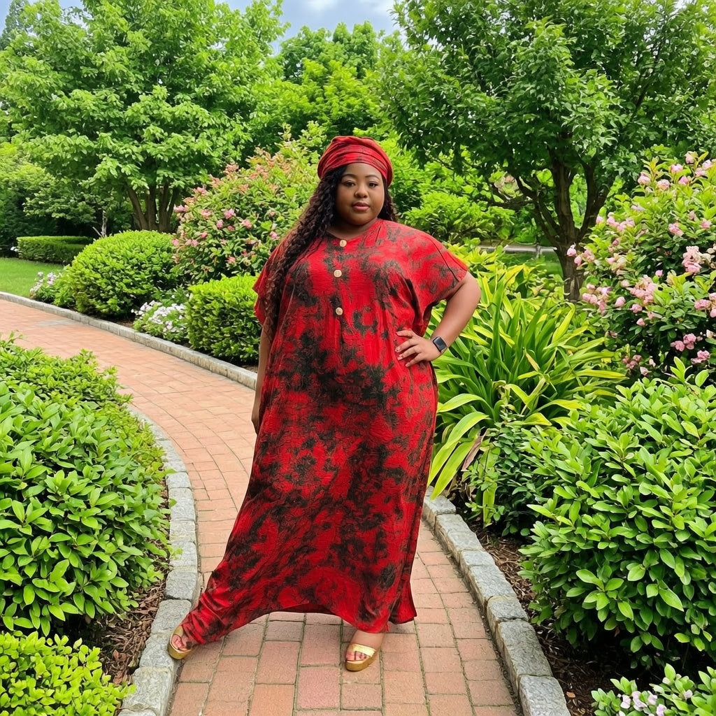 Front view of The Crimson Caftan in red with dark botanical motifs