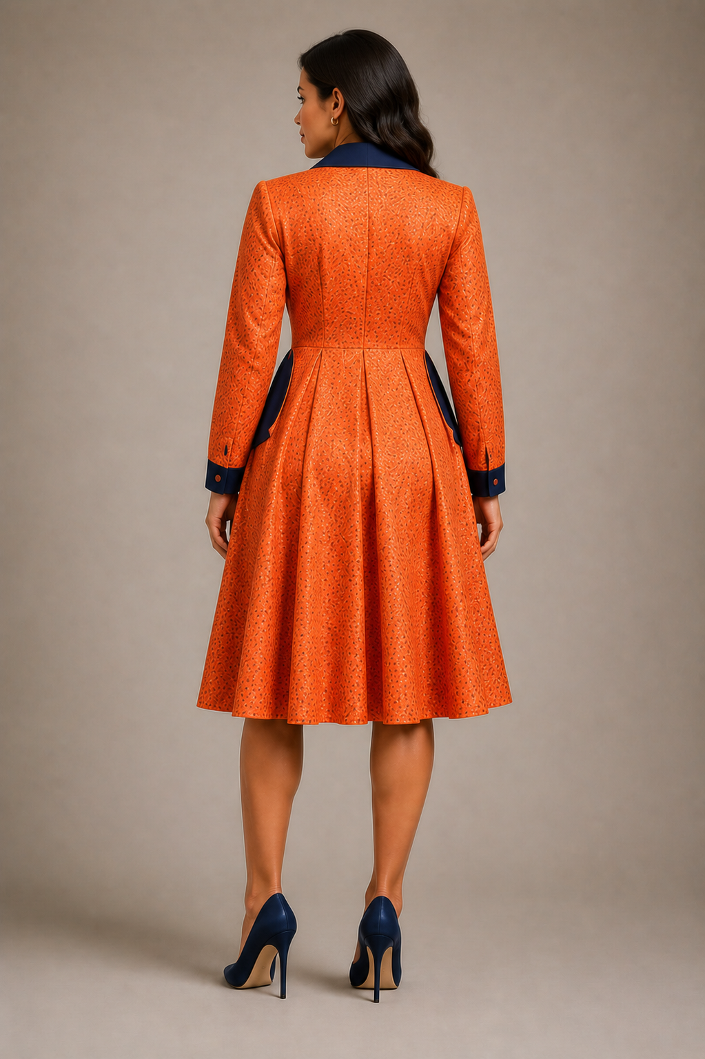 The Tangerine and Navy Coat Dress, back view
