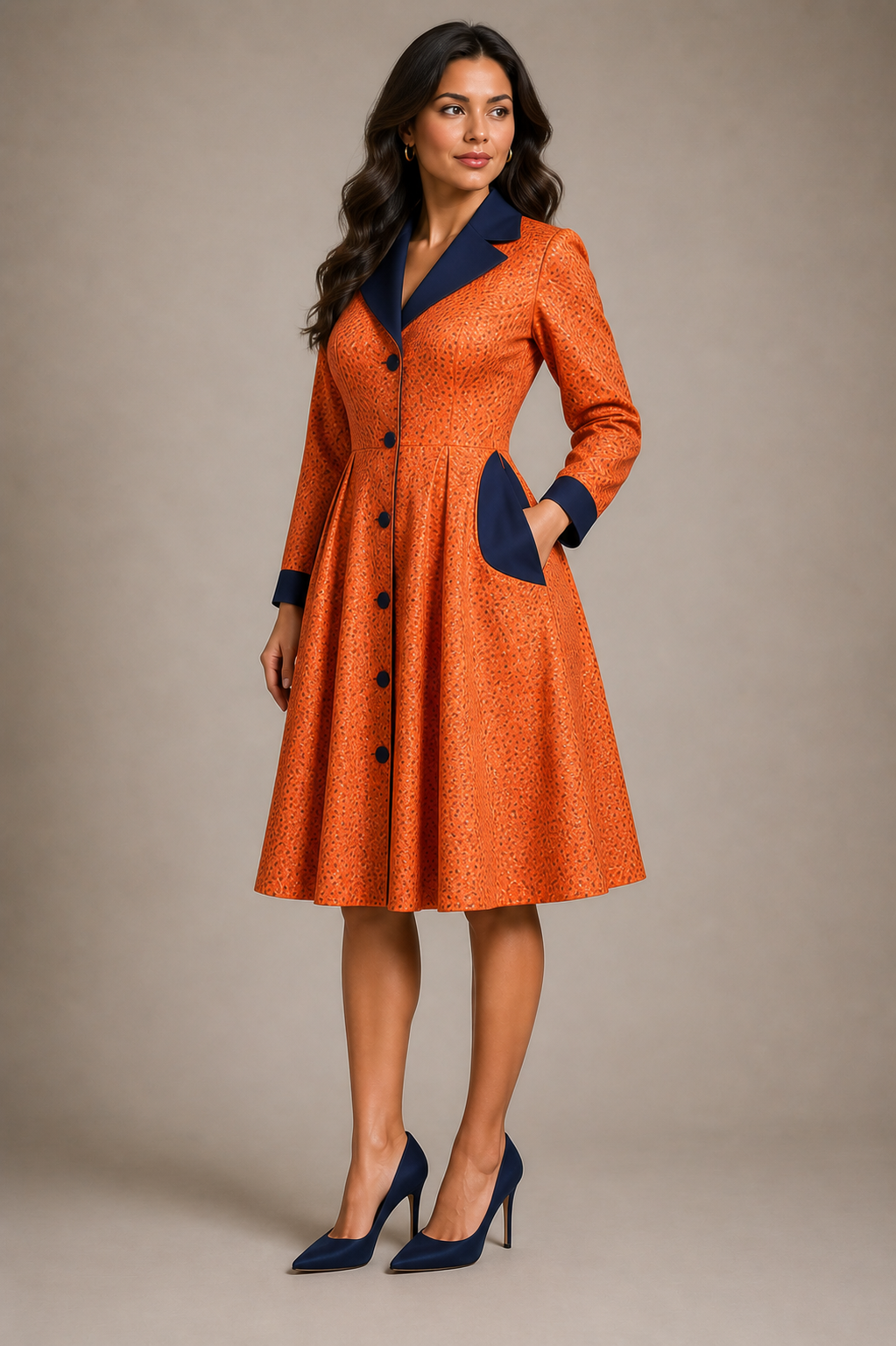 The Tangerine and Navy Coat Dress, side view