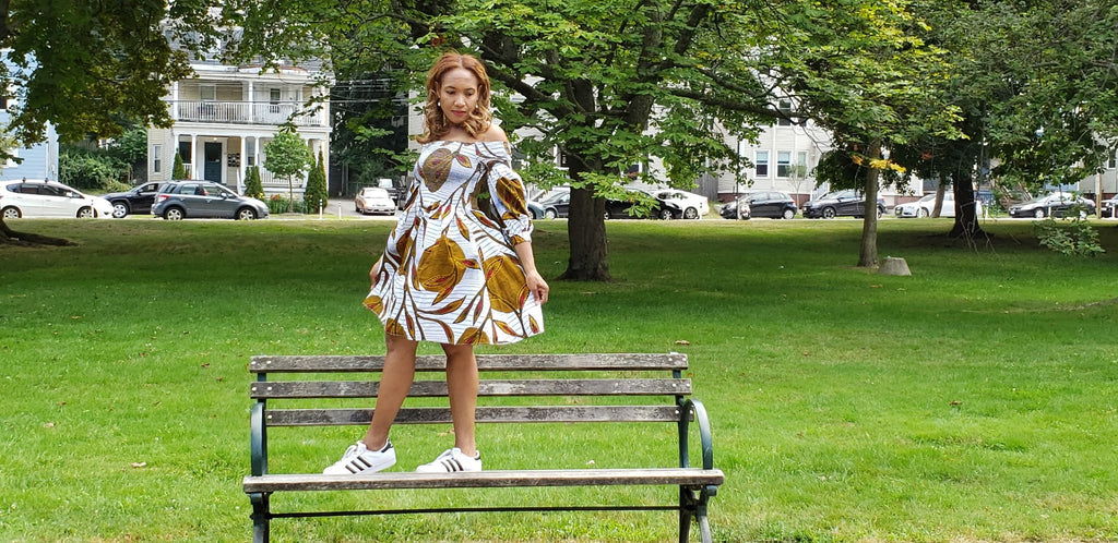 Sunburst Off-Shoulder Dress - park bench view
