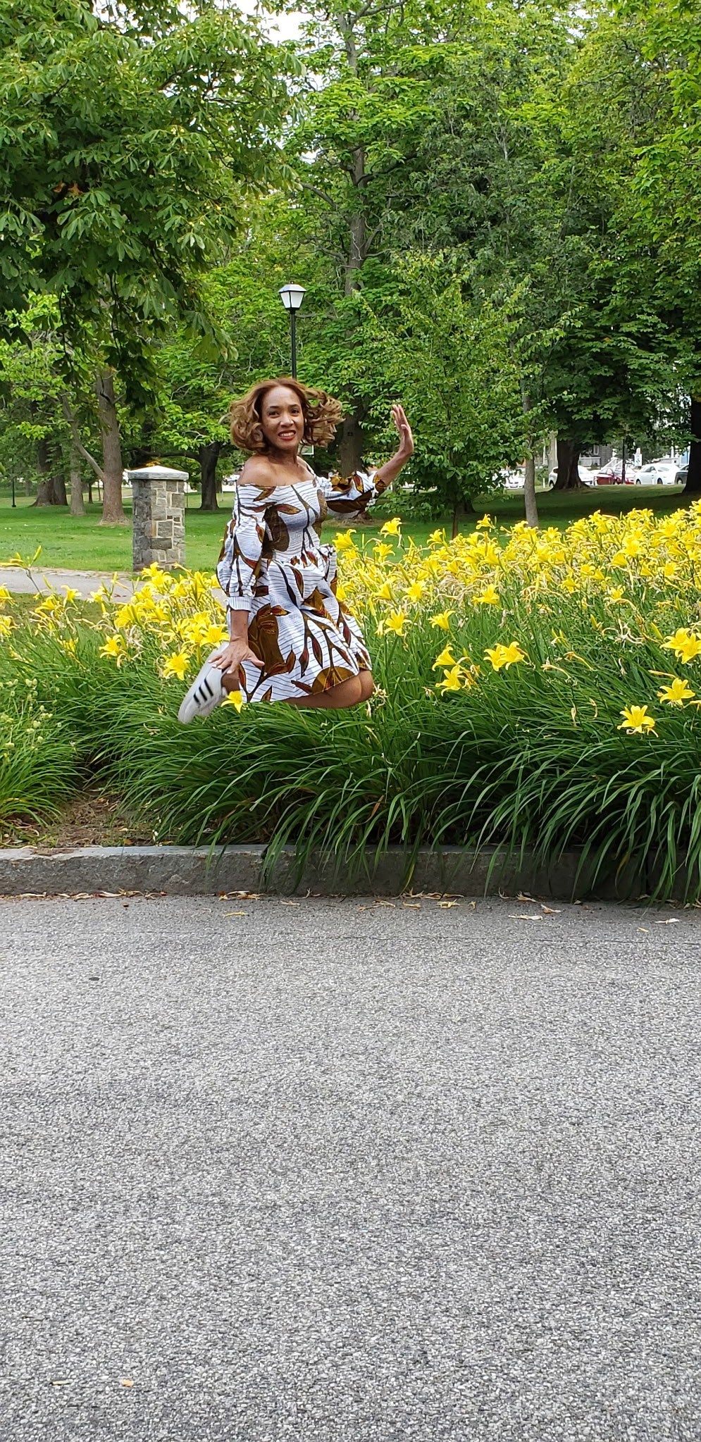 Sunburst Off-Shoulder Dress - jumping by flowers view