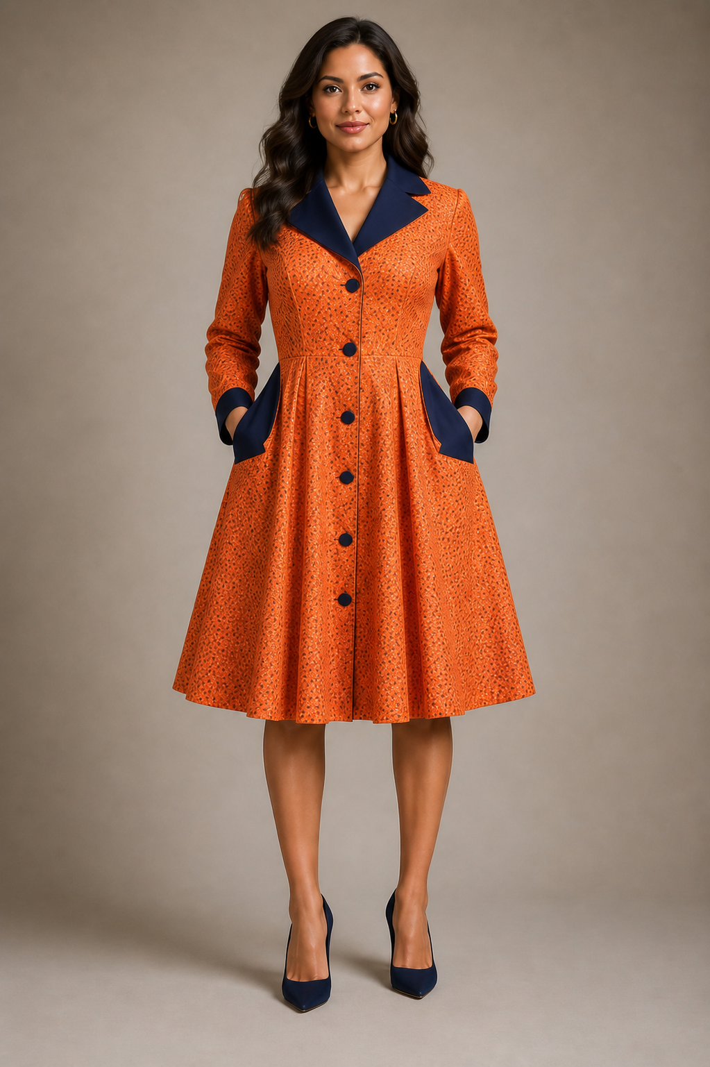 The Tangerine and Navy Coat Dress, front view