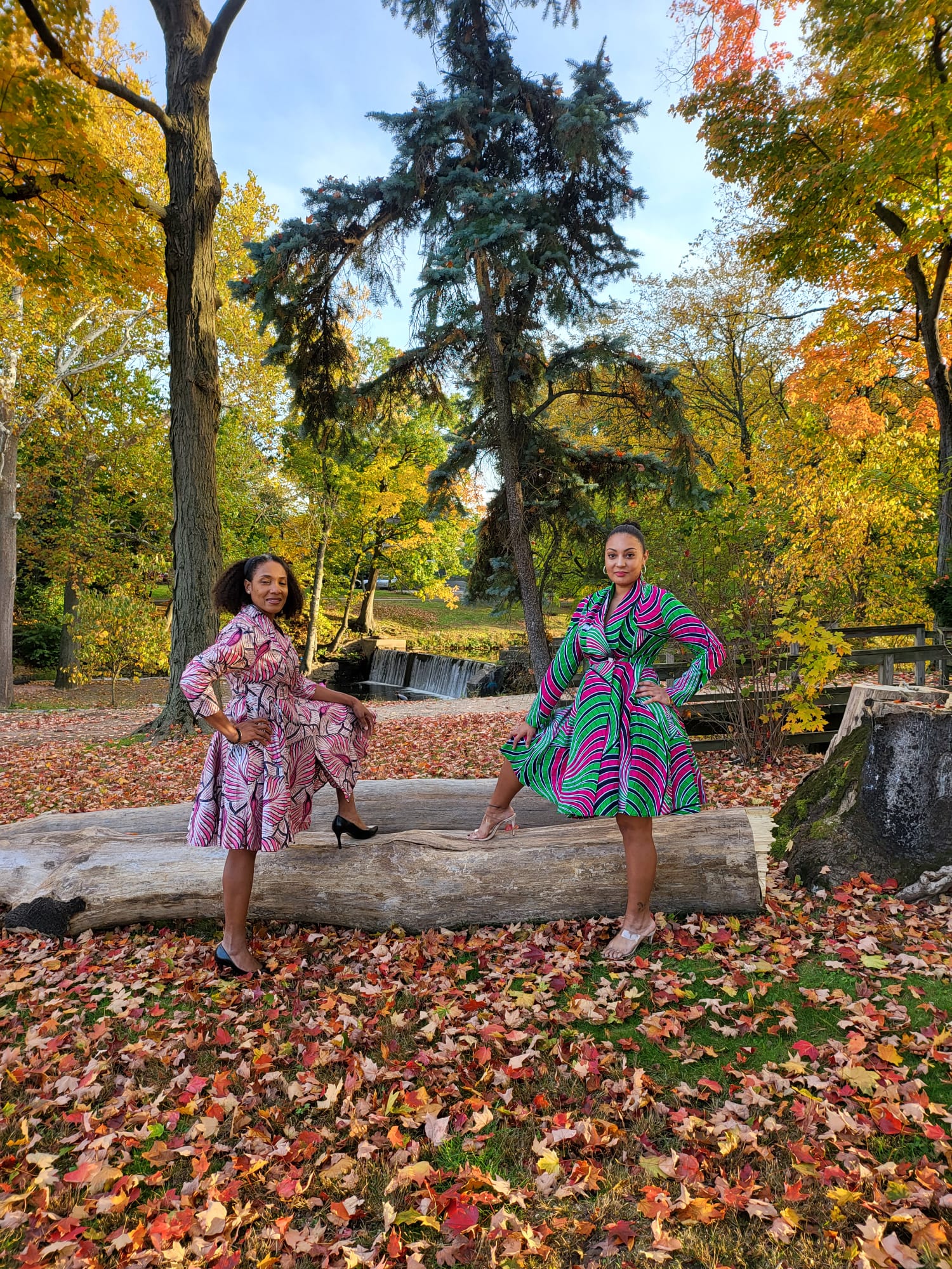 The Blossom Swing Dress in pink Ankara print, autumn park setting